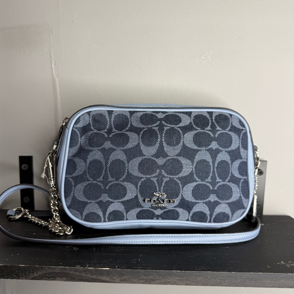 Coach Signature Jacquard Crossbody in Navy and Light Blue Trim